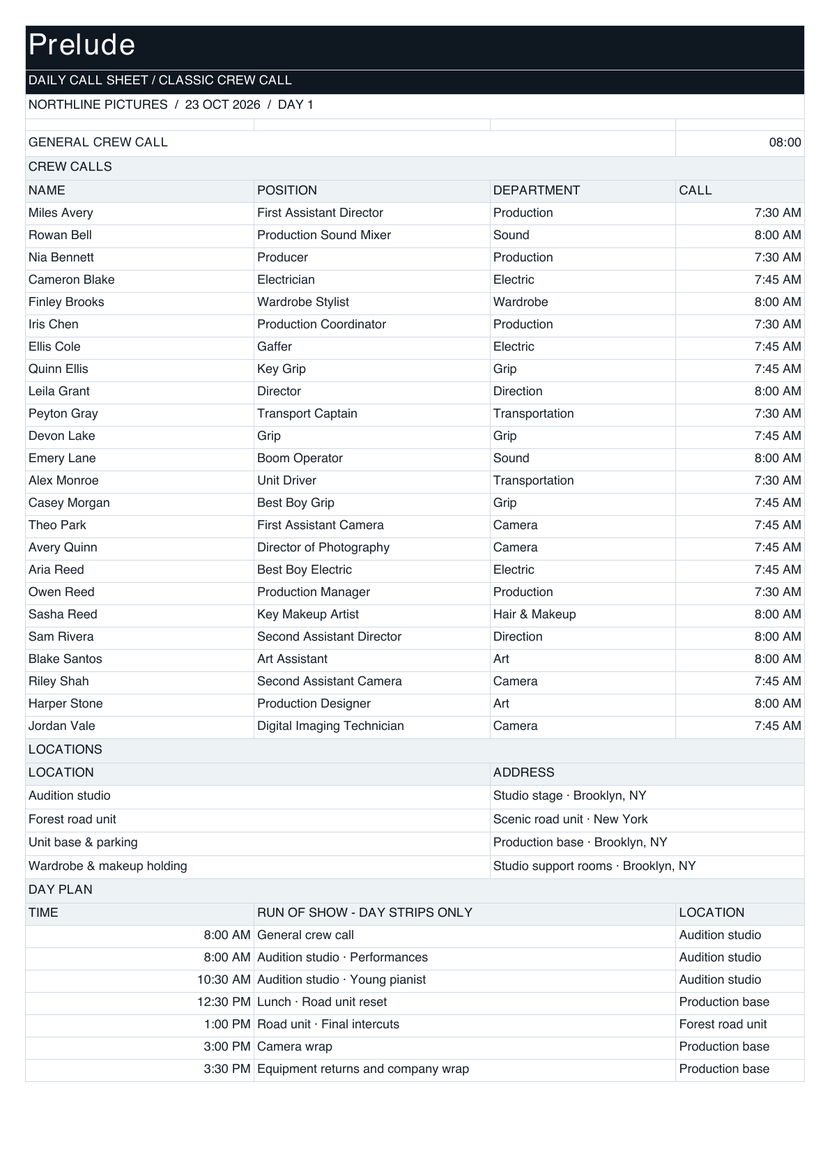 Prelude Call Sheet in classic crew call layout.