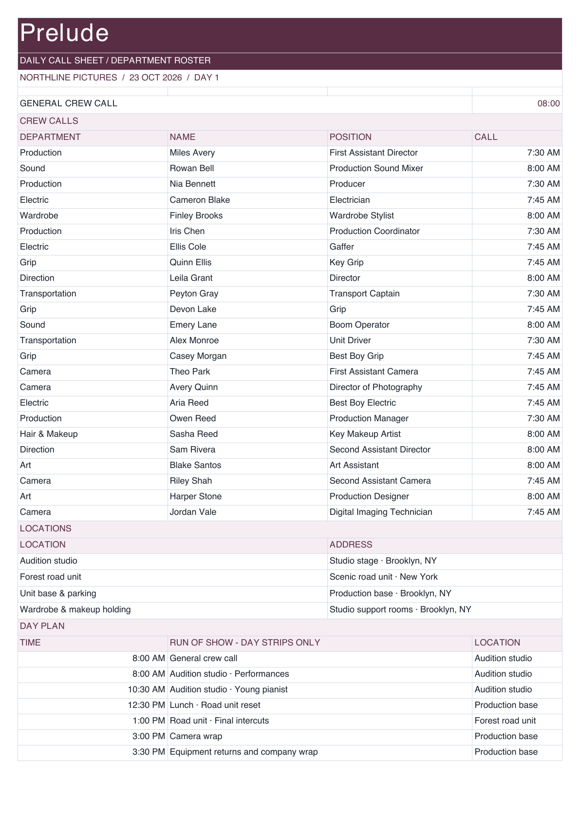 Prelude Call Sheet in department roster layout.