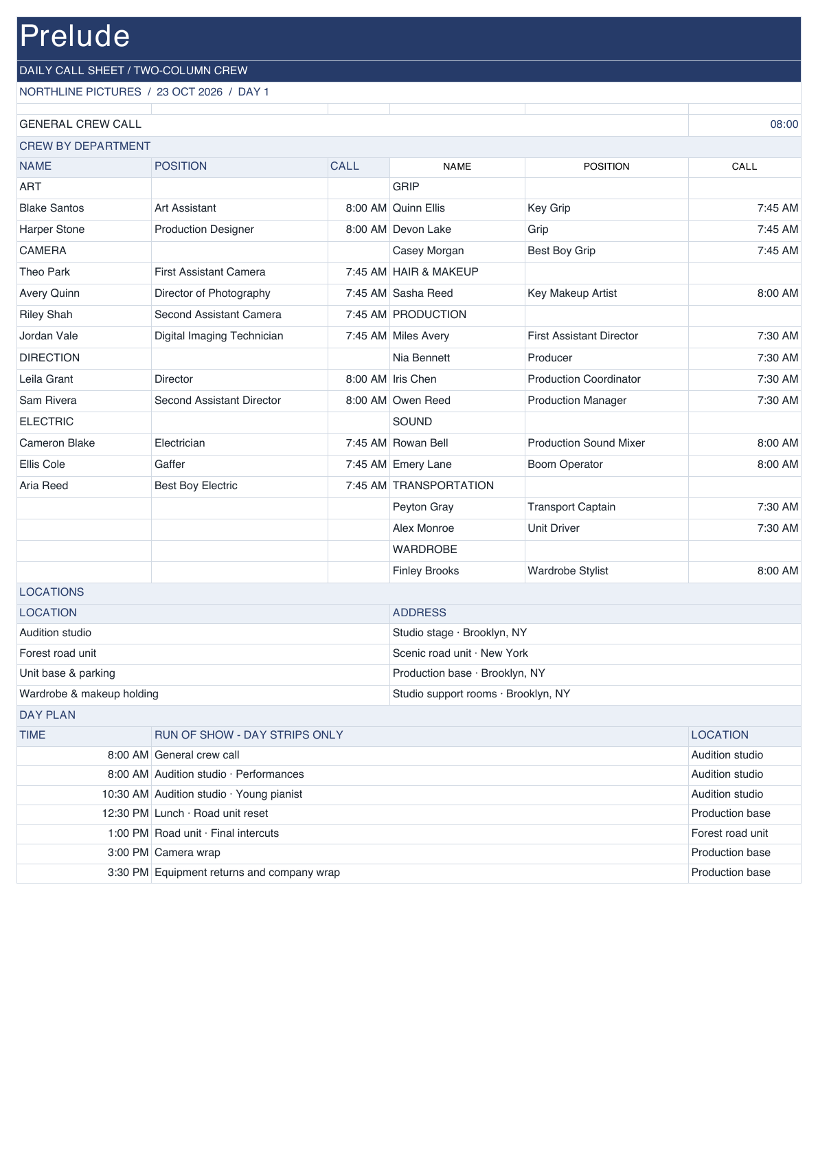 Prelude Call Sheet in two-column crew layout.