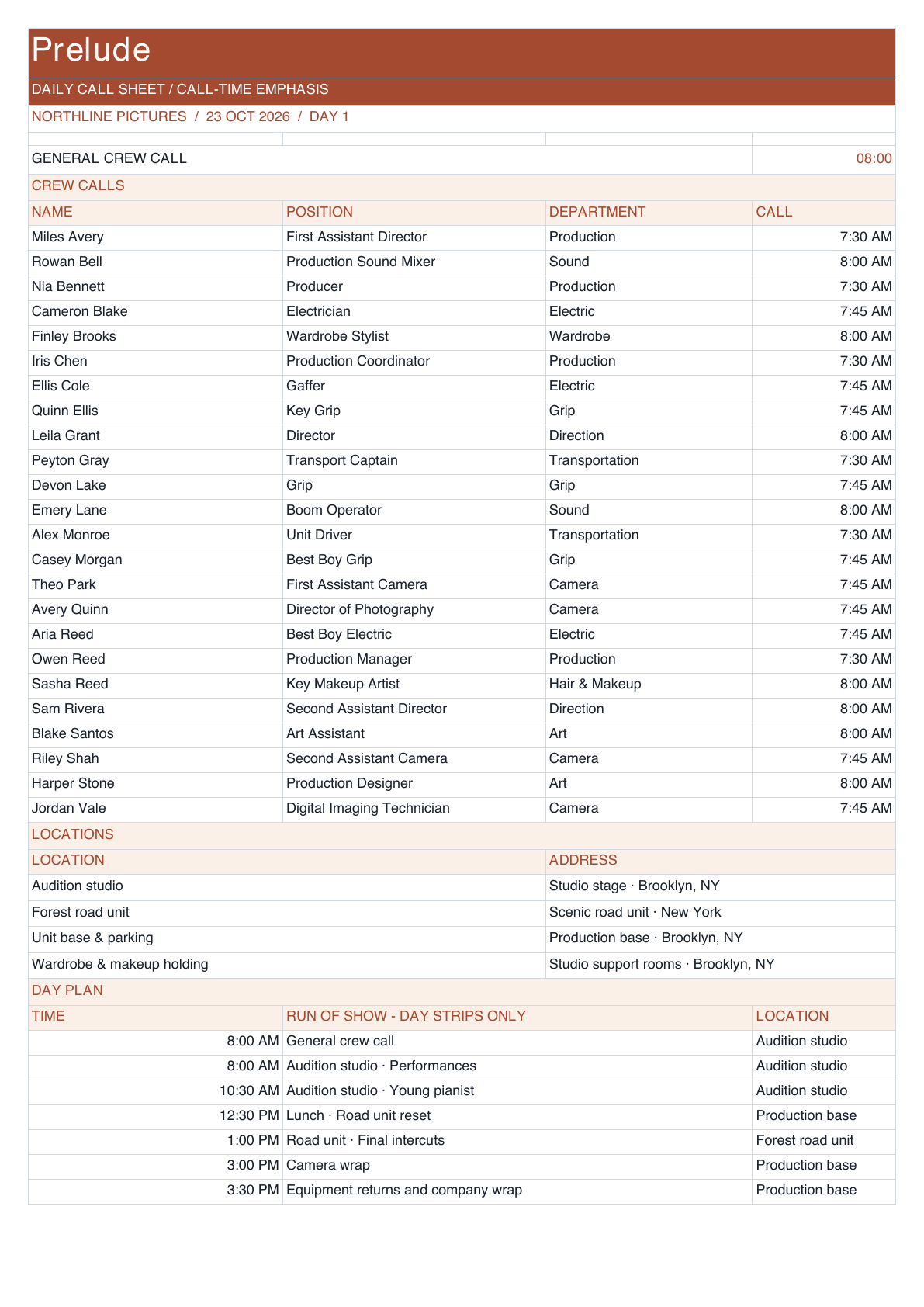 Prelude Call Sheet in call-time emphasis layout.