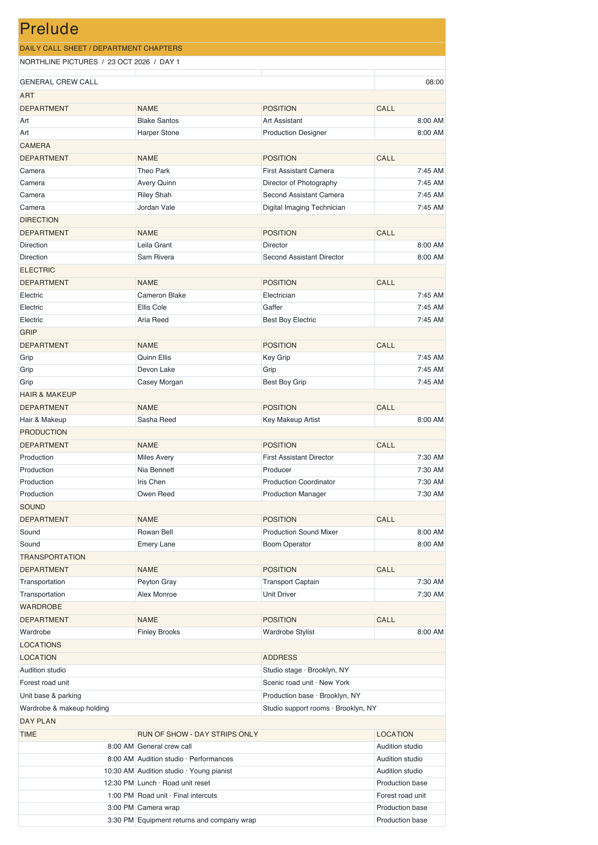 Prelude Call Sheet in department chapters layout.