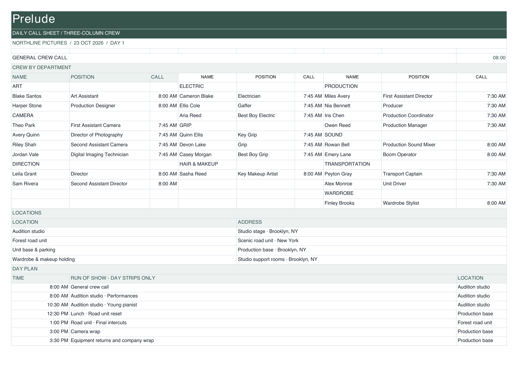 Prelude Call Sheet in three-column crew layout.