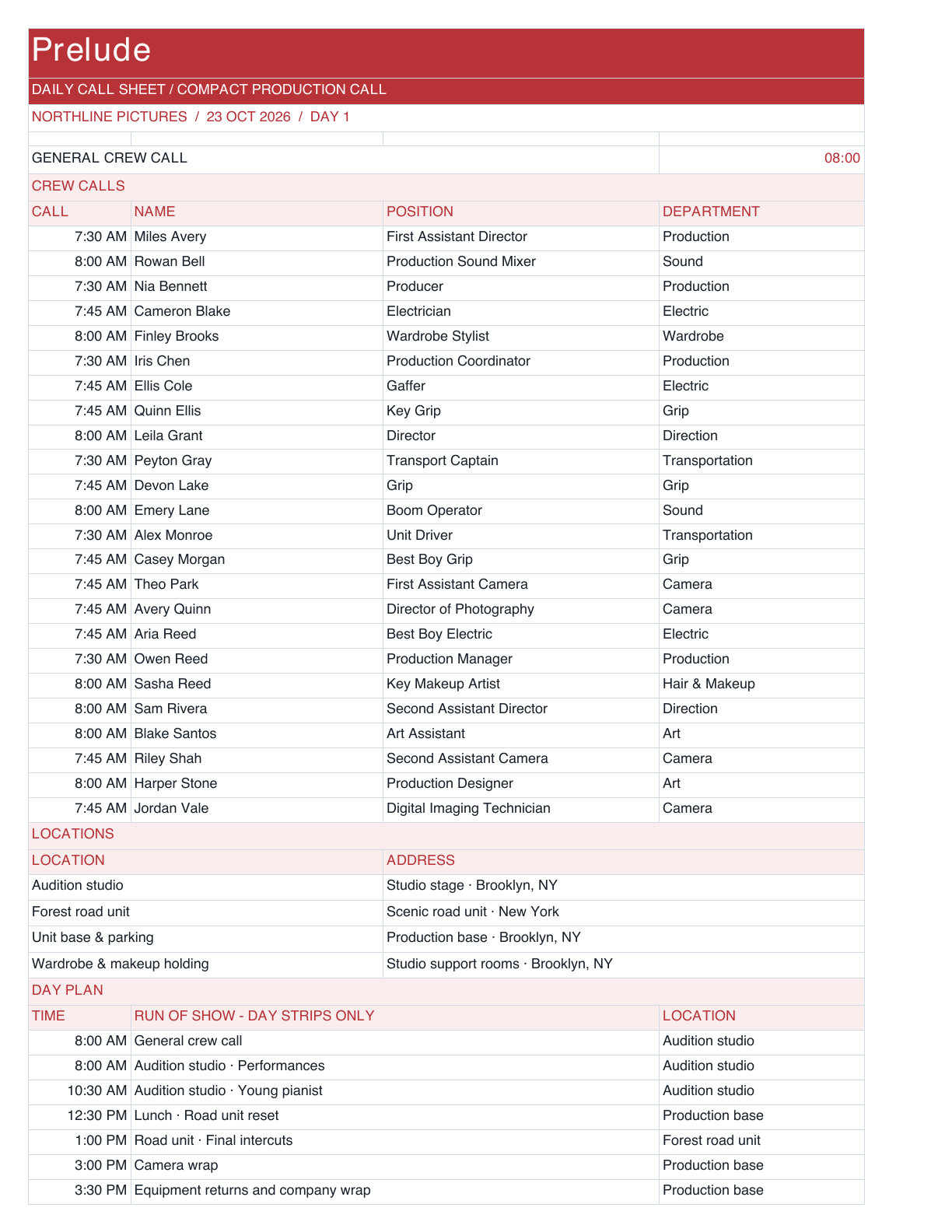 Prelude Call Sheet in compact production call layout.