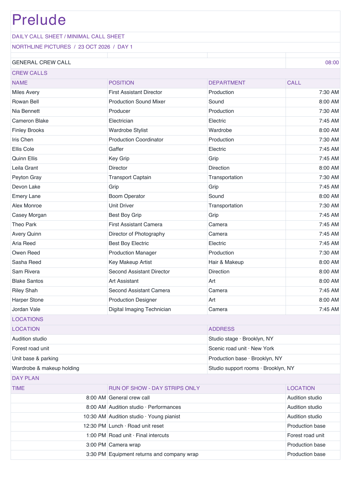 Prelude Call Sheet in minimal call sheet layout.