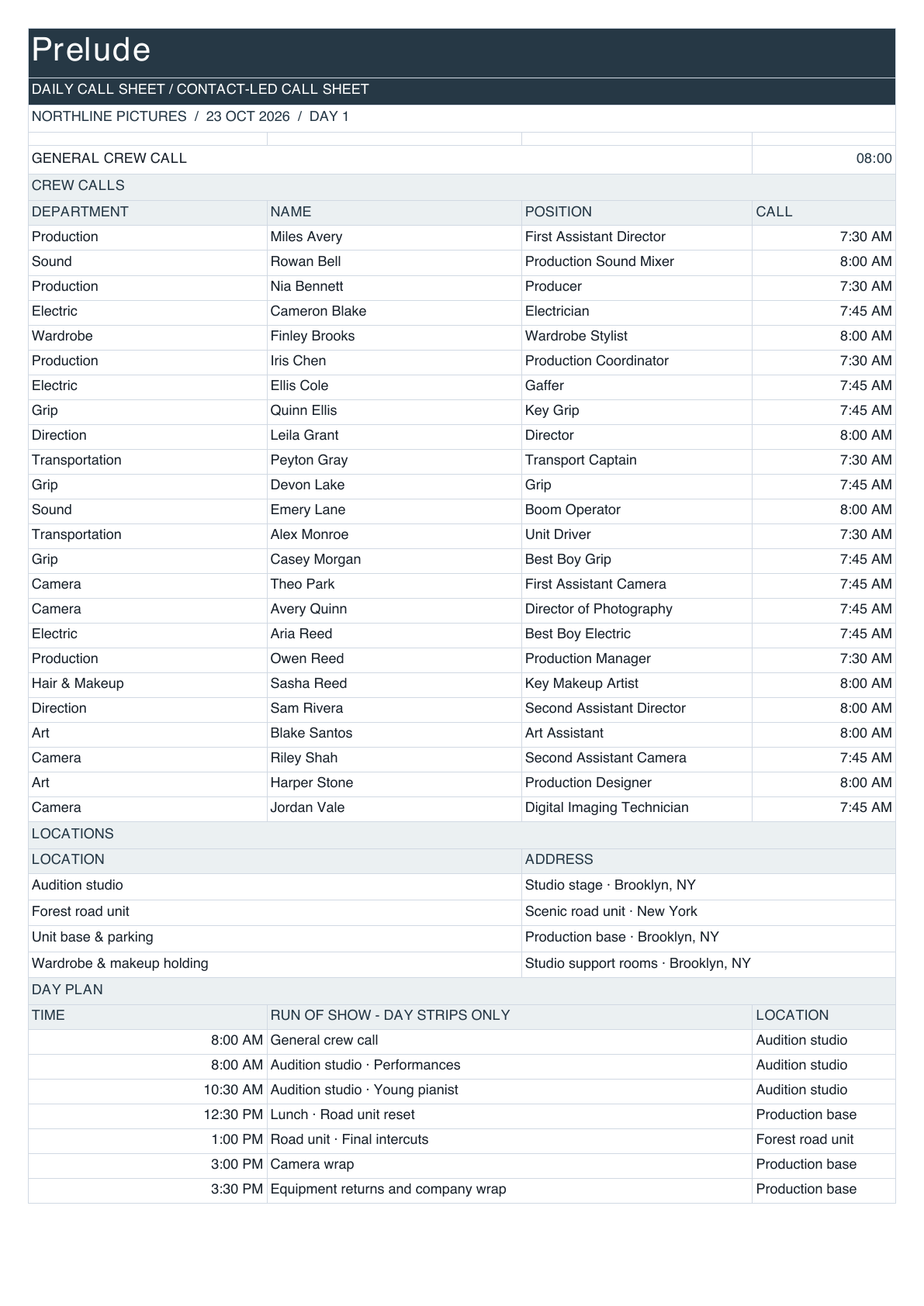 Prelude Call Sheet in contact-led call sheet layout.