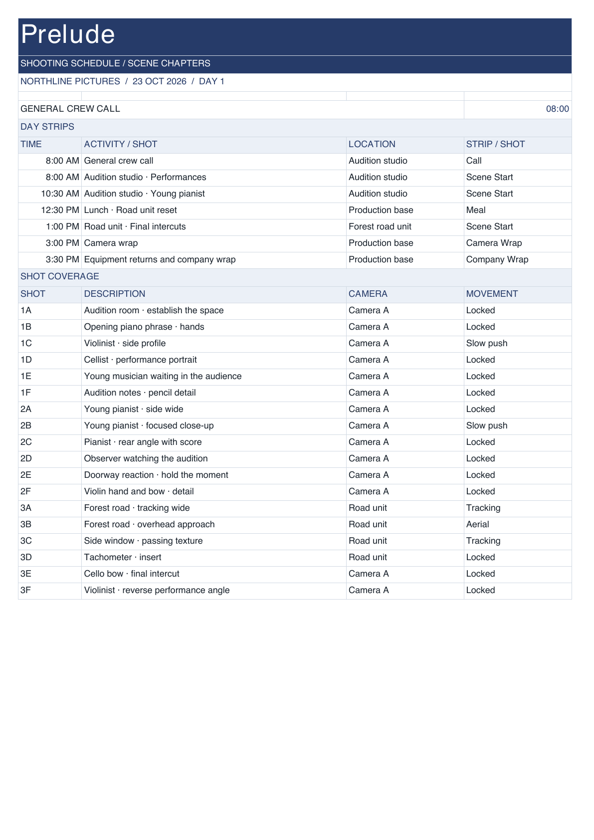 Prelude Shooting Schedule in scene chapters layout.