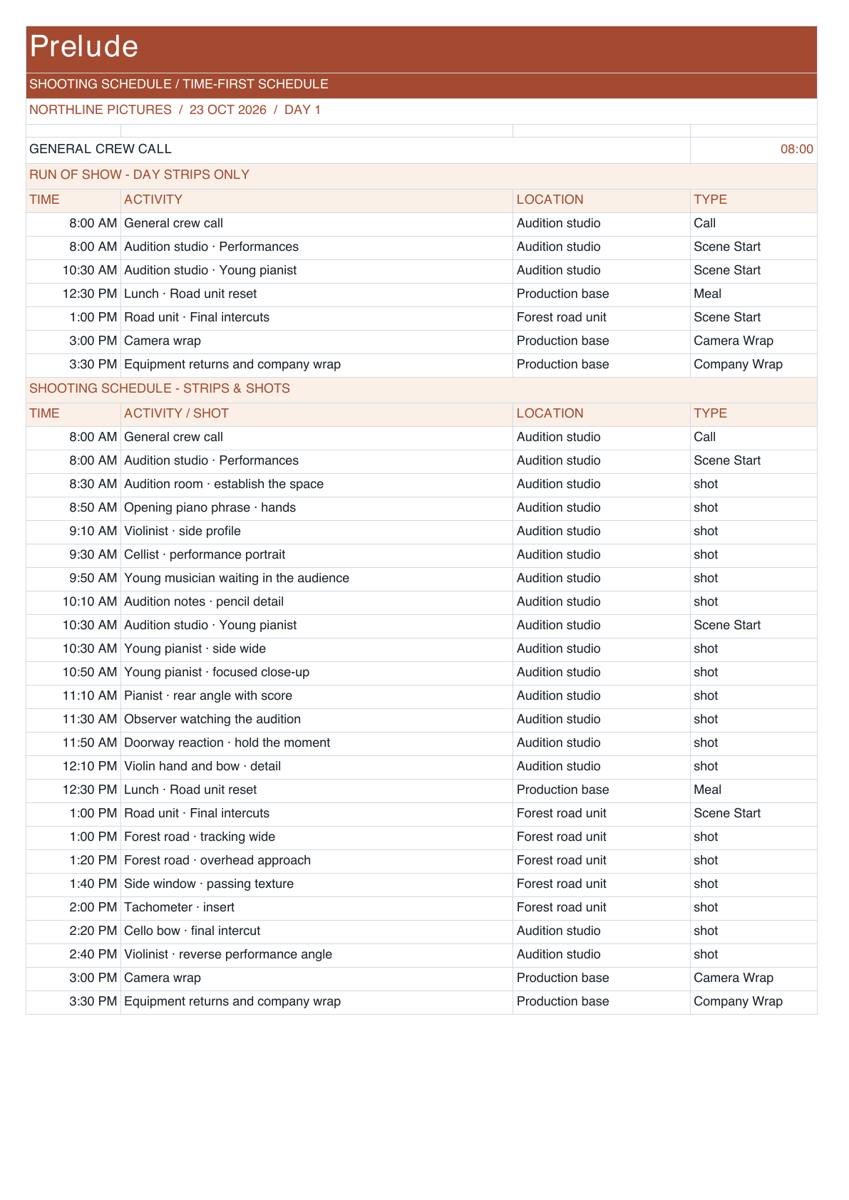Prelude Shooting Schedule in time-first schedule layout.