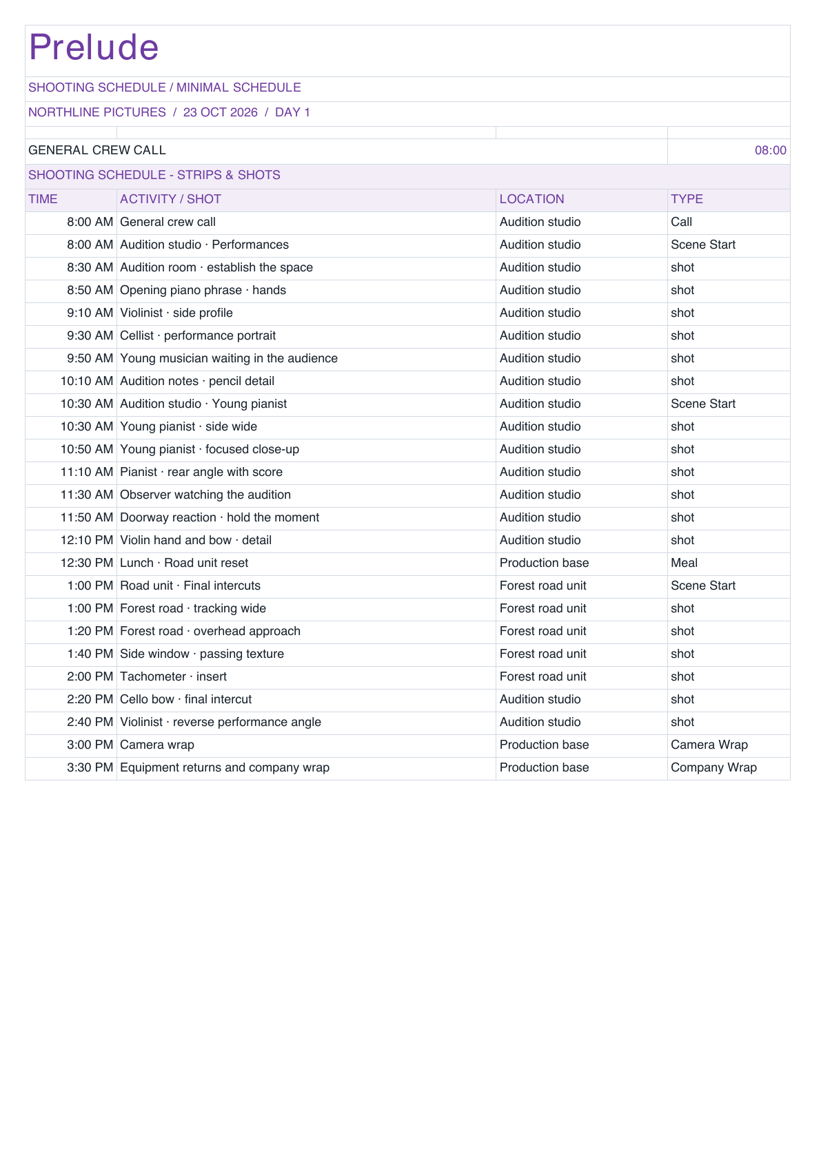 Prelude Shooting Schedule in minimal schedule layout.