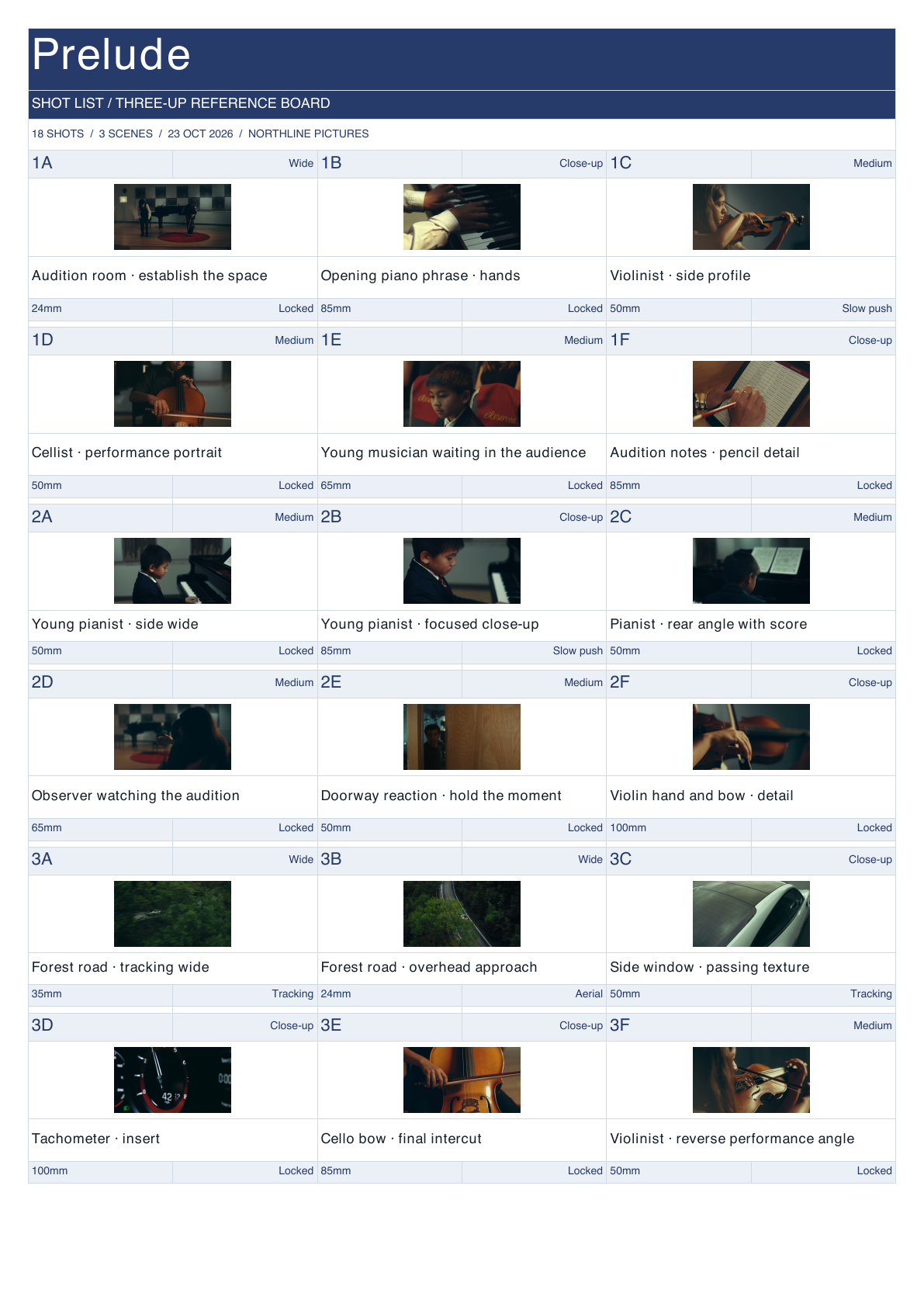 Prelude Shot List in three-up reference board layout.