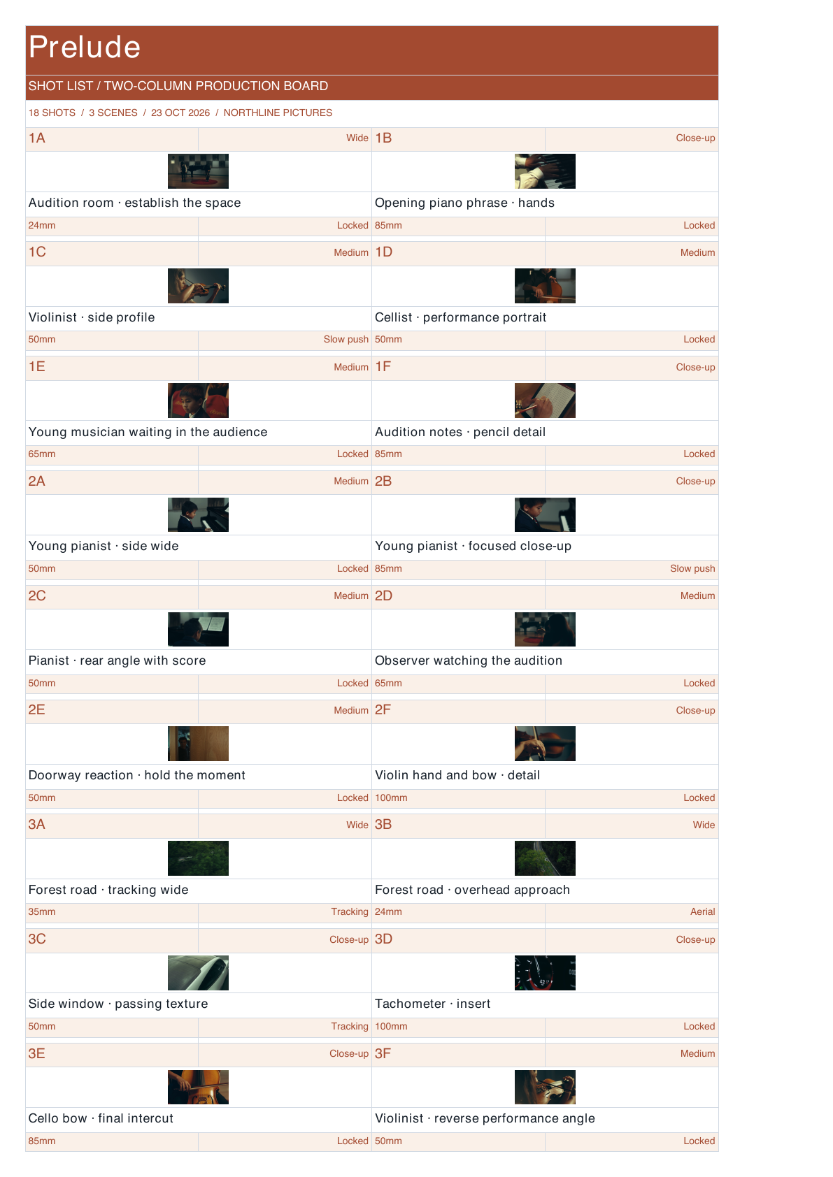 Prelude Shot List in two-column production board layout.