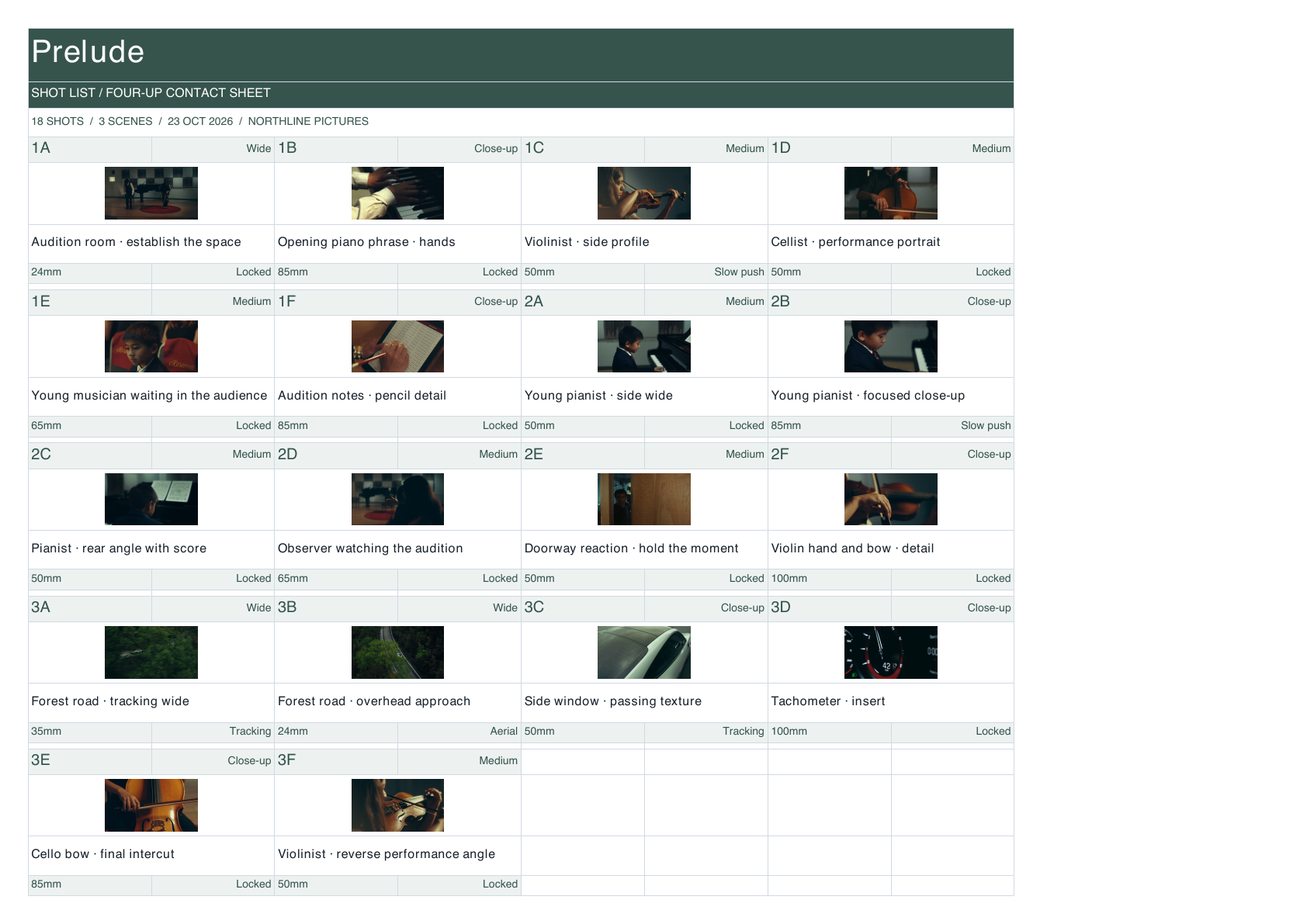 Prelude Shot List in four-up contact sheet layout.