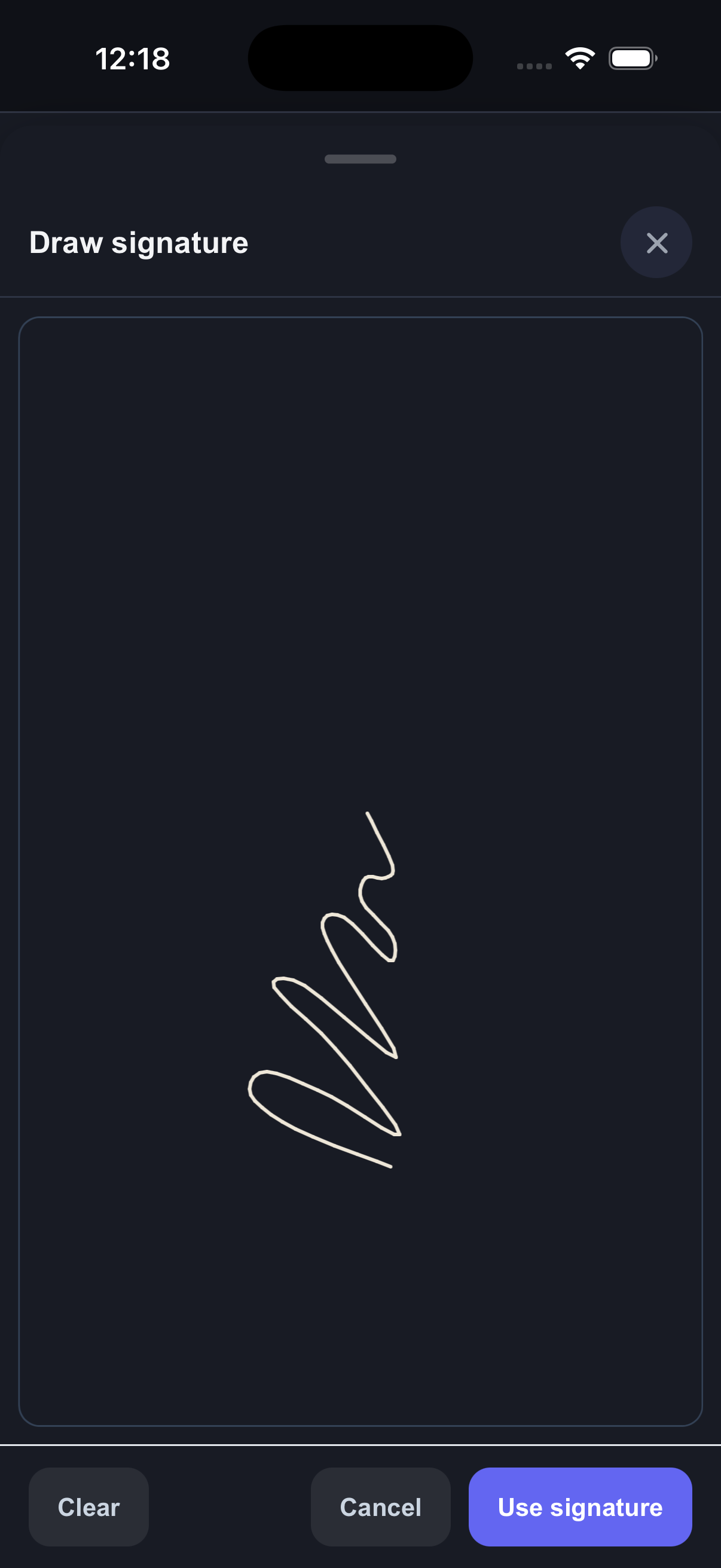 The actual CrewDeck Mobile signature pad in dark mode, captured in the iPhone simulator. A loose partial sample initial is visible; no signature has been submitted.