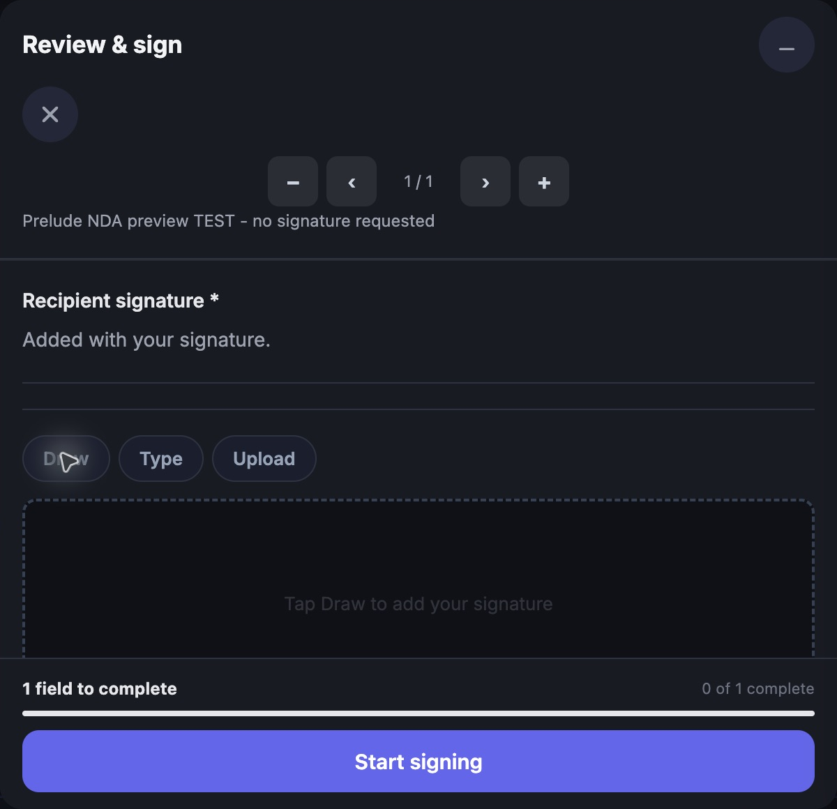 The sample NDA recipient’s signature-entry drawer with Draw, Type and Upload options. No signature has been submitted.