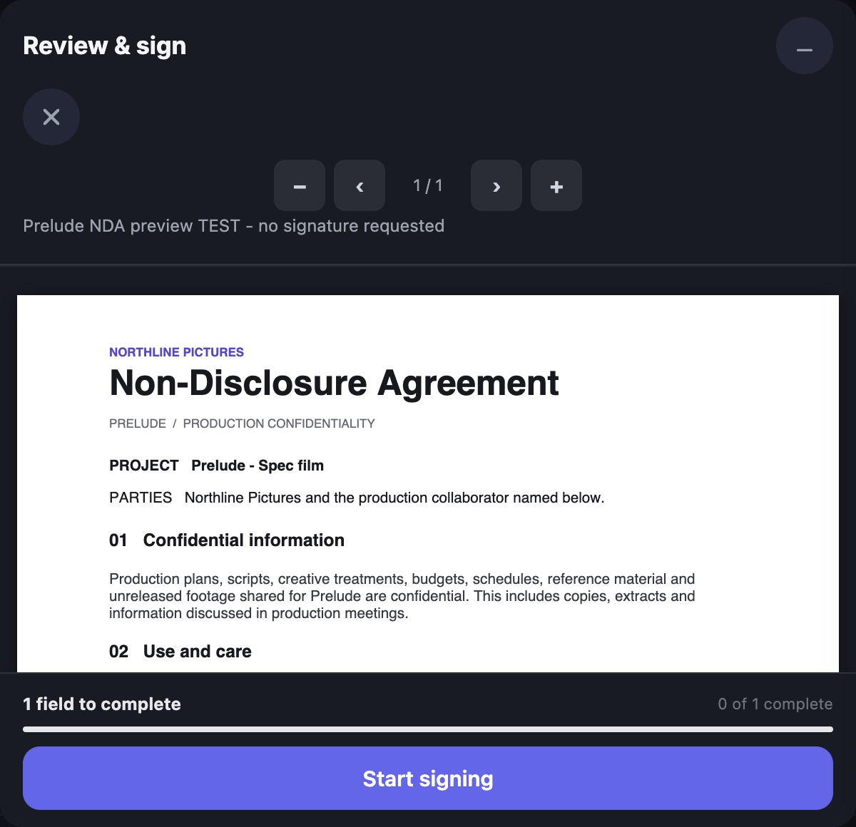 The actual CrewDeck recipient review drawer, showing the sample Prelude non-disclosure agreement.