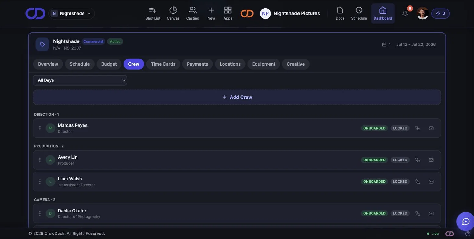 Crew list on desktop