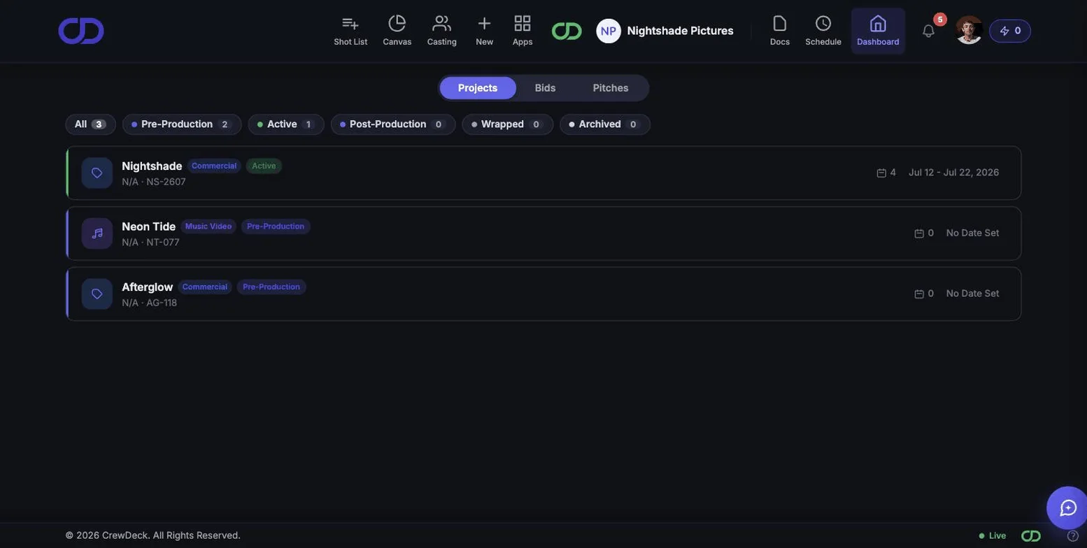 Projects dashboard on desktop